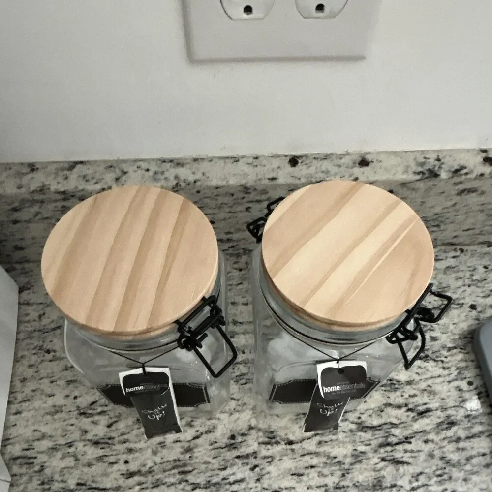 Home Essentials Chalk It Up! Clear Glass Canisters Set of 2 w/ Wood Lids & Latch